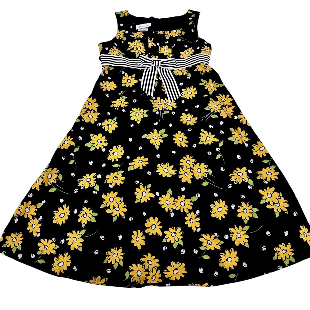 Girls Retro Floral A-Line Dress Black Yellow Daisy Striped Bow Bonnie Jean 10